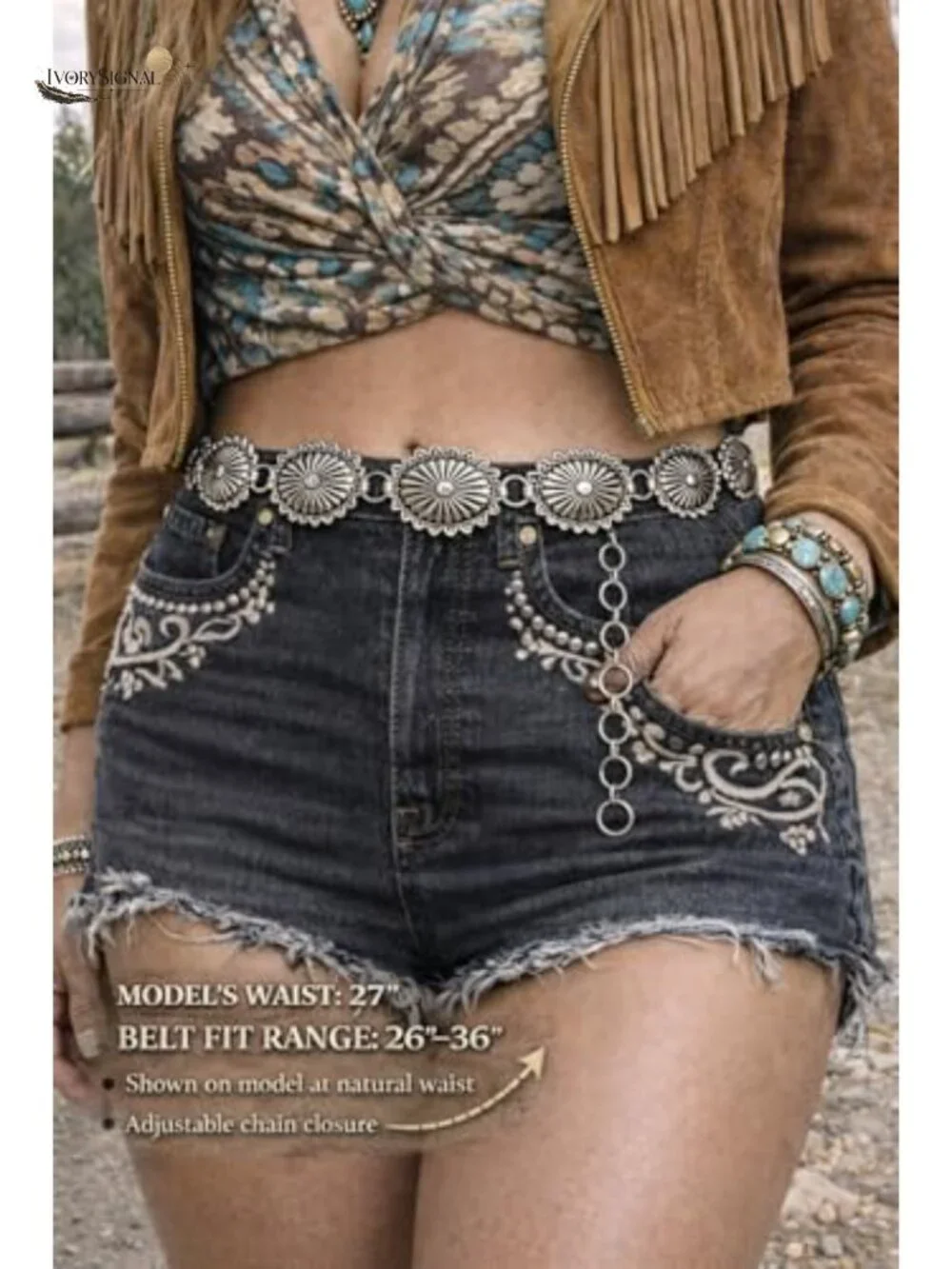 Western Metal Oval Concho Chain Belt, Adjustable Waist, Nickel-Free